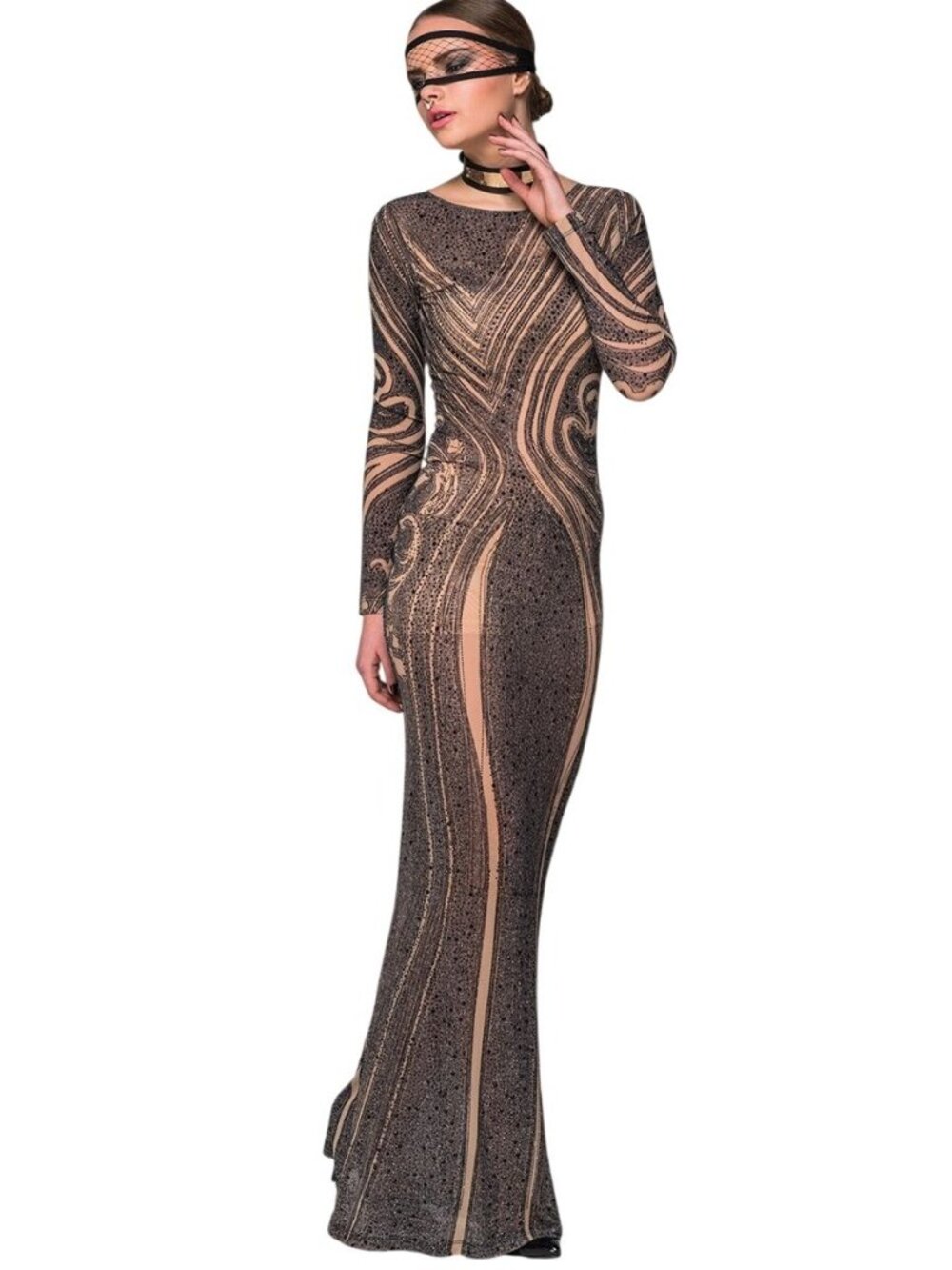 kikiriki Sheer Bodycon Optical Illusion Abstract Maxi Dress Gown Black Nude Size
